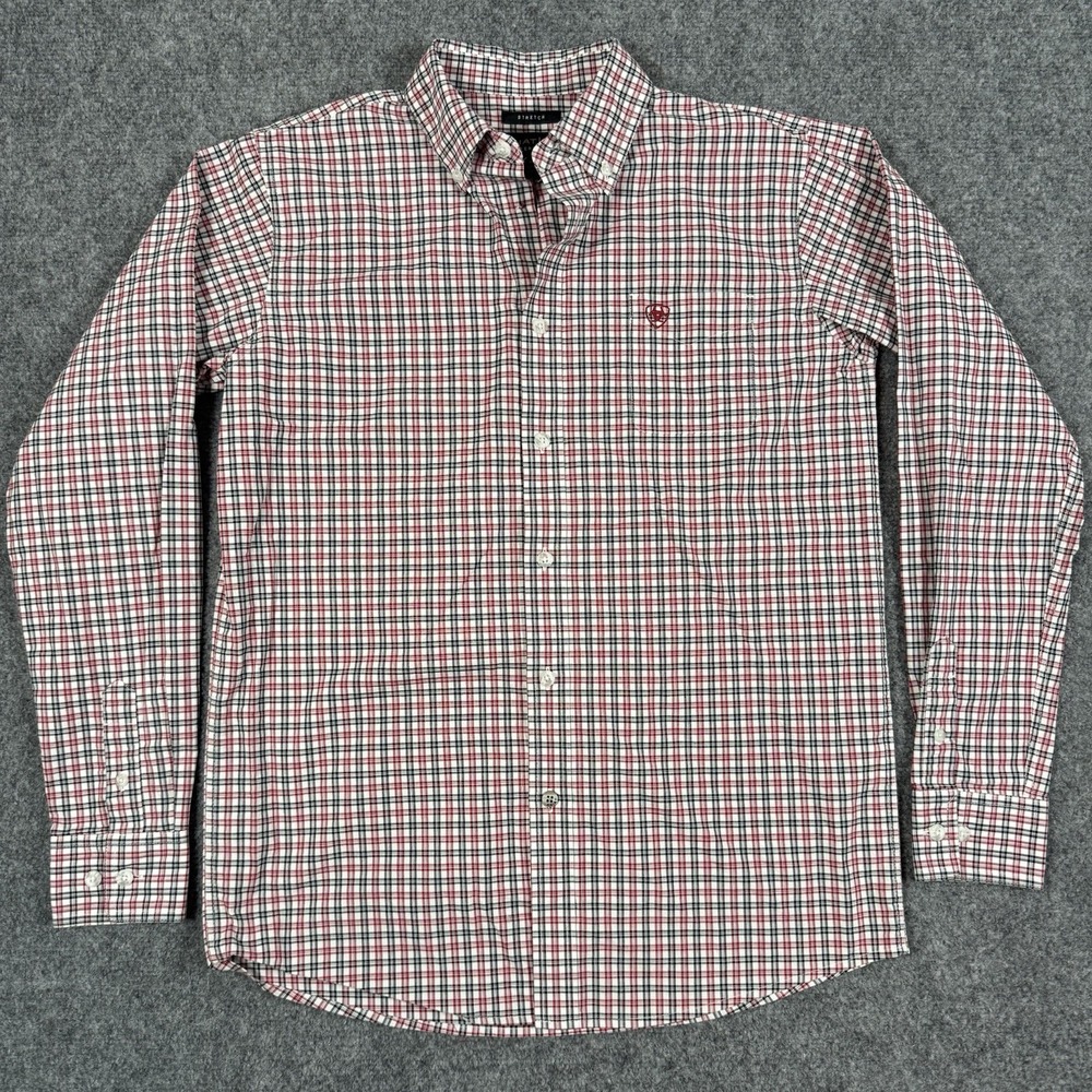 NWOT Ariat Pro Series Boys XL 18 Stretch Plaid Western LS Shirt Red White Navy